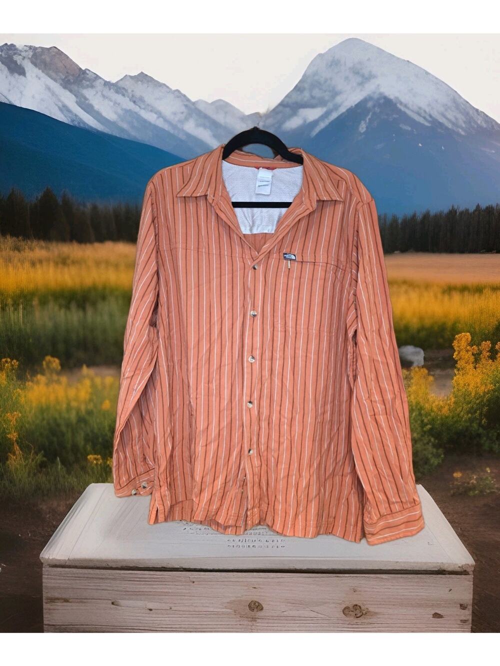 The North Face Button Up Shirt Mens Large Orange Stripe Long Sleeve Hiking